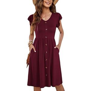 WNEEDU Casual Dress Mock Button Down Knee Length Size Large Pockets Burgendy